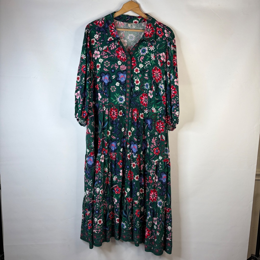 Crown & Ivy Tiered Midi Dress Women 3X Green Multi Floral Button Front Pockets